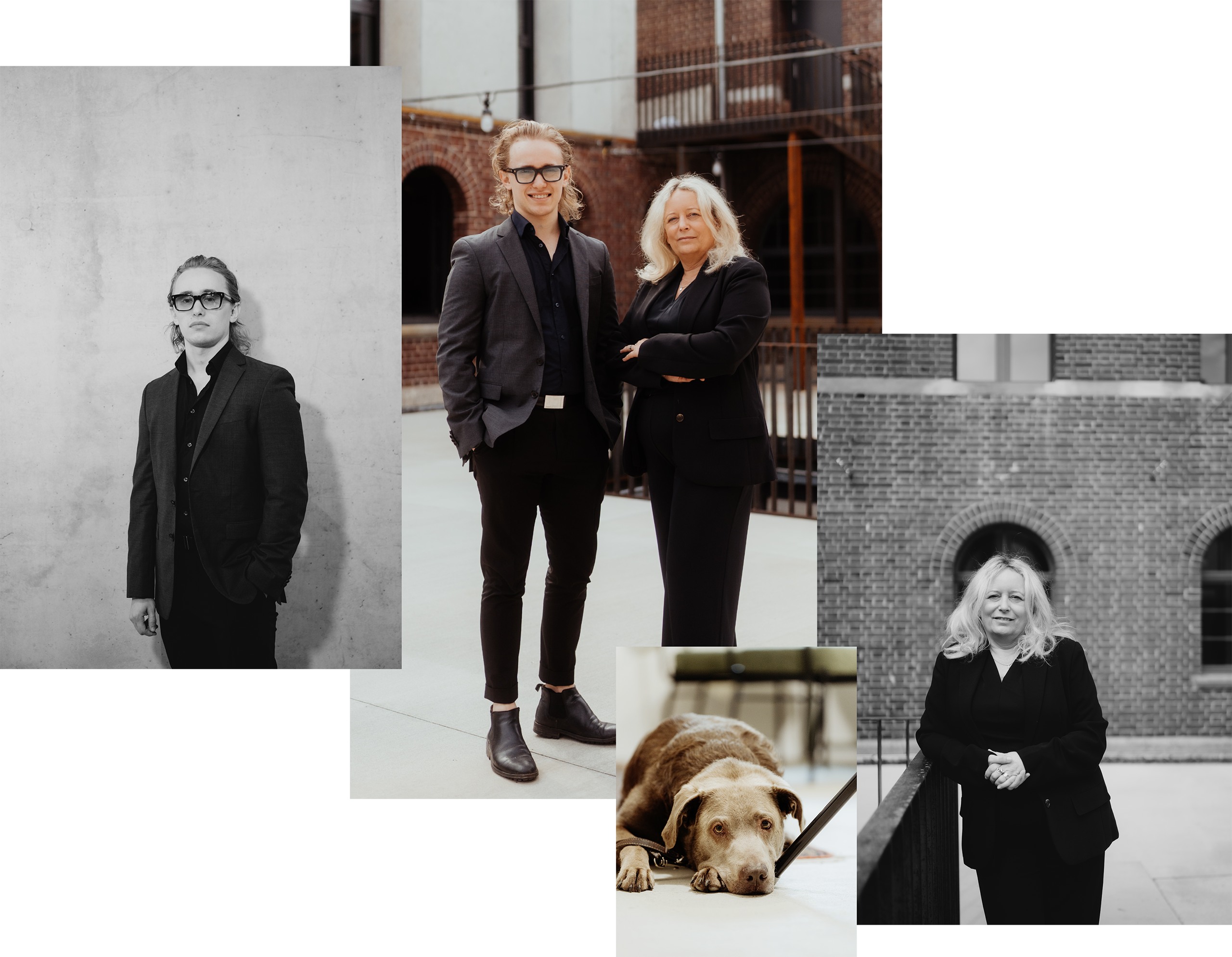 Collage mit Astrid Fath und Jannik Fath vor Backsteinarchitektur, zentrale Farbaufnahme sowie zwei Schwarz-Weiß-Porträts
